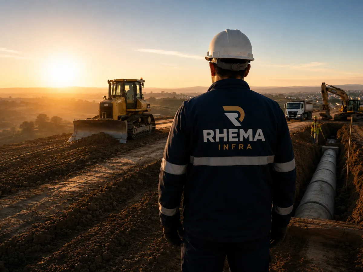 Operador RHEMA em canteiro ao pôr do sol — escavadeira, bulldozer e tubos de rede ao fundo