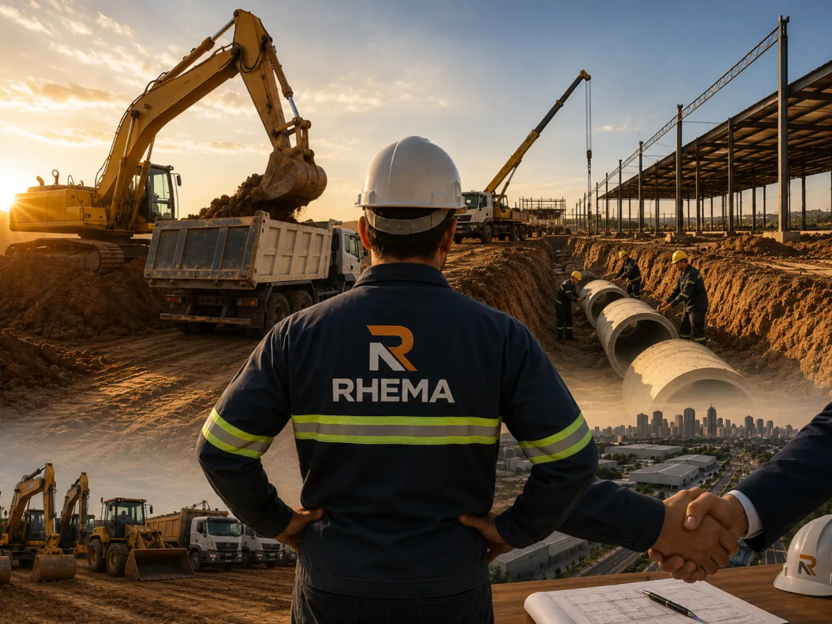 Profissional da RHEMA observando canteiro com escavadeiras, caminhões, redes enterradas e estrutura industrial ao fundo
